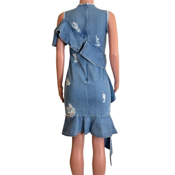 Jonathan Simkhai Asymmetric Ruffled Dress Womens 6 Distressed Indigo Denim - Picture 5 of 14